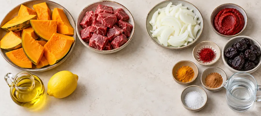 چیدمان مواد خورش کدو حلوایی شامل کدو، گوشت، آلو، پیاز، رب و ادویه
