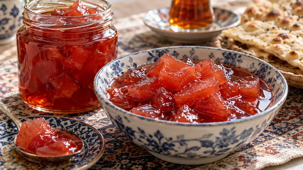 نمای نهایی مربای به سرخ در کاسه و شیشه کنار چای