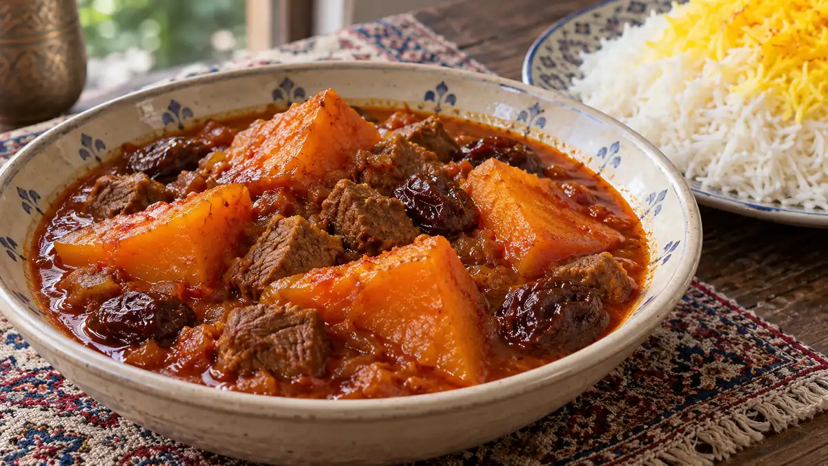 خورش کدو حلوایی با گوشت و آلو آماده سرو کنار برنج